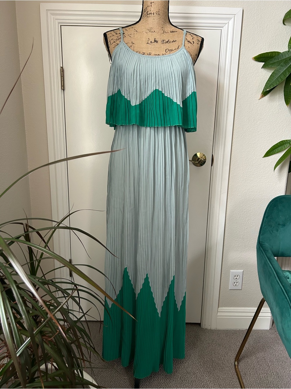 Light Blue & Green silk blend Pleated Maxi Dress - Sleeveless Summer Style
